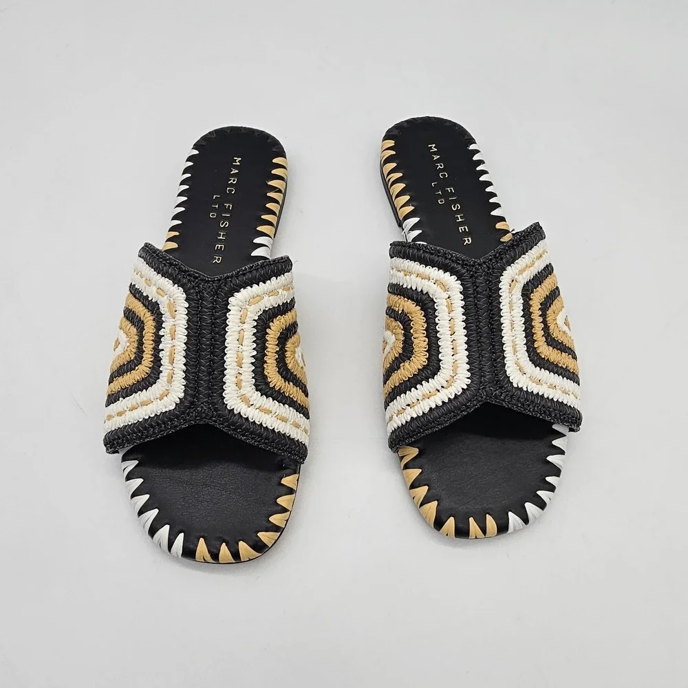 Marc Fisher LTD NOTTIE Womens 6.5 Black Raffia Crochet Slide Sandals Boho Summer